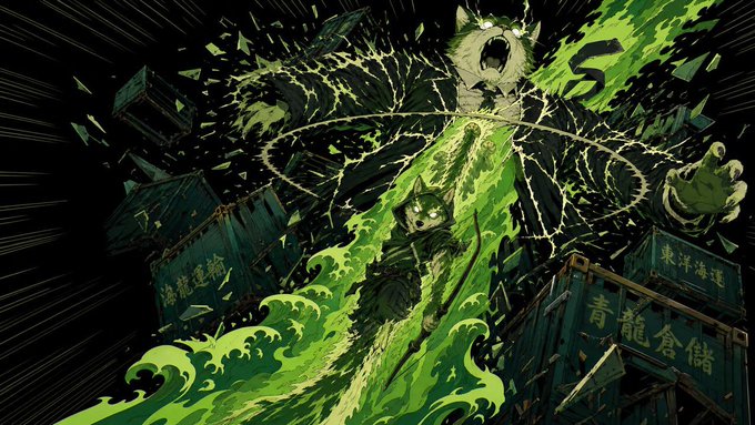 A green-candled chart surges upward through shattered shipping containers labeled "青龍倉儲" (Qinglong Storage) and "東洋海運" (Toyo Maritime), crowned by a howling wolf head atop spectral wolf figures riding wave-like price action—visually channeling the post's "WOOF WORLD ORDER" rally as a dramatic, almost mythological market eruption. The imagery ties directly to the meme's tone: explosive green candles and roaring wolves celebrate the pump, while the broken containers hint at the underlying reminder that communities, not charts, are what endure.