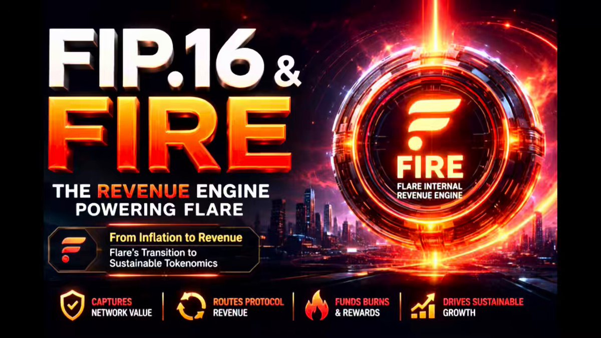 The image features a poster for "FIP.16 & FIRE" that promotes the revenue engine of "Flare", an energy company, as well as its partnership with Ripple Network. The poster includes a large red circle with a flame inside, symbolizing the energy generated by "Flare". The text on the poster highlights the revenue engine's ability to drive value back into the protocol and mentions that it could be used for tokenization or other purposes related to energy.