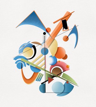 An abstract geometric artwork featuring colorful shapes in blue, orange, and green, including circles, triangles, and curved forms arranged in a dynamic composition.