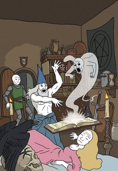 The image depicts a scene with a group of people gathered around an open book, which appears to be a spellbook or a manual for magic. The room has a dark atmosphere, adding to the mysterious ambiance. There are two men standing over the book, one wearing a blue hat and holding a wand, while another man is lying on the ground with his eyes closed in front of the book. A ghost can also be seen floating above them. In addition to these characters, there are several other people present in the scene, some of whom appear to be asleep or engaged in conversation. The overall mood of the image suggests a sense of chaos and confusion as the group tries to understand the contents of the spellbook and its implications for their lives.