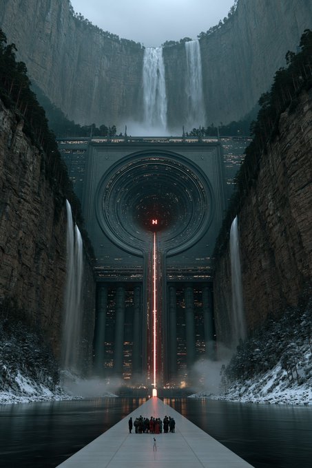 A massive, futuristic sci-fi structure is built into a rocky canyon with waterfalls, featuring a giant circular opening in the center and a long bridge leading to a group of people at its base.