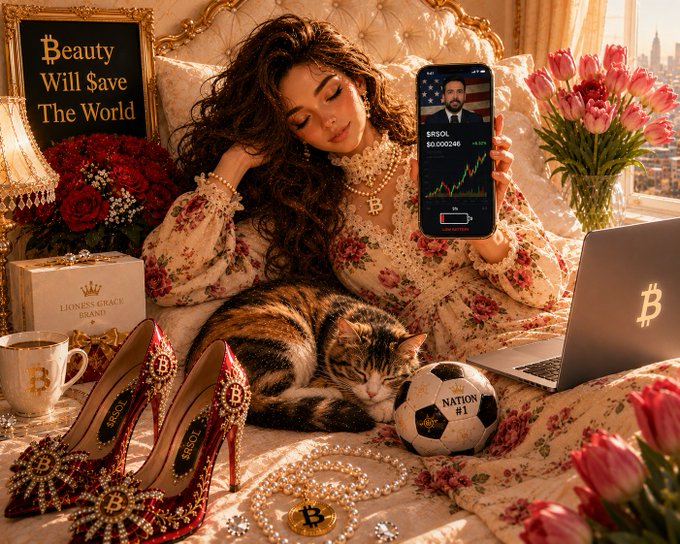 A glamorous woman lounges in a floral outfit surrounded by luxury items—a Bitcoin-branded laptop, red stilettos adorned with crypto logos, a soccer ball labeled "NATION #1," a bouquet of tulips, and a cat—while holding up a smartphone displaying a $SOL chart by @davidgokhshtein and a sign reading "Beauty Will Save The World," visually celebrating women builders who embrace Bitcoin, Solana, and the memeconomy over those who "mi$$ out."
