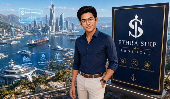 A young man in a navy shirt stands beside a large "ETHRA SHIP PROTOCOL" sign, with a futuristic port city and digital icons labeled "SMART SHIPPING," "REAL-TIME LOGISTICS," and "ON-CHAIN REWARDS" displayed in the background, visually reinforcing the post's point about EthraShip's identity-based, mission-driven approach to maritime RWA.