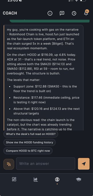 A trading coach chat interface discussing Hood (HOOD) token technical analysis, noting price at $116.09 with support at $112.88 and resistance at $117.46, suggesting targets of $120.16 and $124.13.