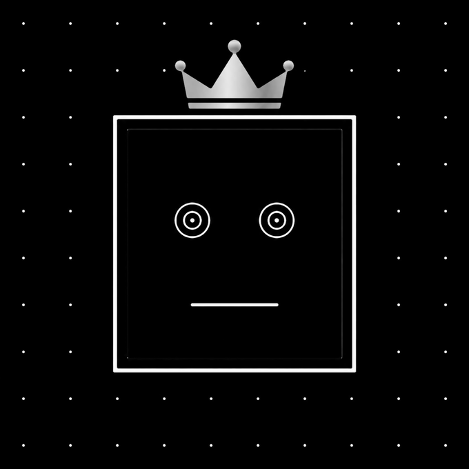 A black and white digital illustration of a robot-like face with circular eyes and a straight-line mouth, topped with a silver crown against a dark background with small white dots.