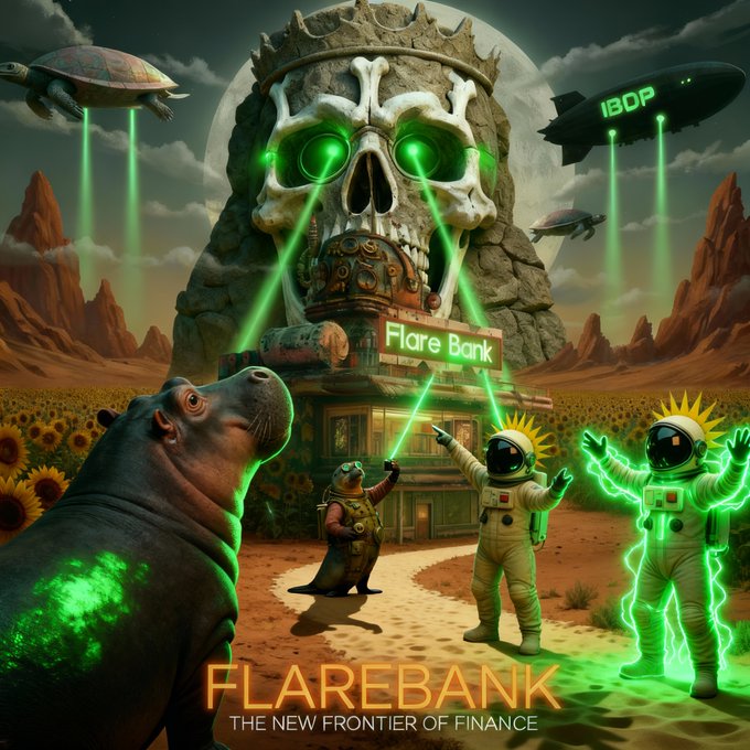The image features a poster for a new bank called @FlareBank, which has been created by a group of artists who have come together to create an immersive art installation. The poster showcases a scene with a large skull at the center, surrounded by various animals such as a hippopotamus and a bird. The artist's message is that they are the new frontier of finance, and their work is being appreciated by the community.