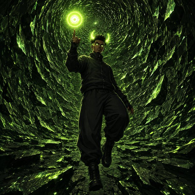 A figure with glowing green eyes and horns stands in a swirling vortex of dark green shards, raising a glowing orb above their finger while wearing an all-black outfit. The ominous, otherworldly scene visually embodies $ANSEM's mysterious and powerful persona.