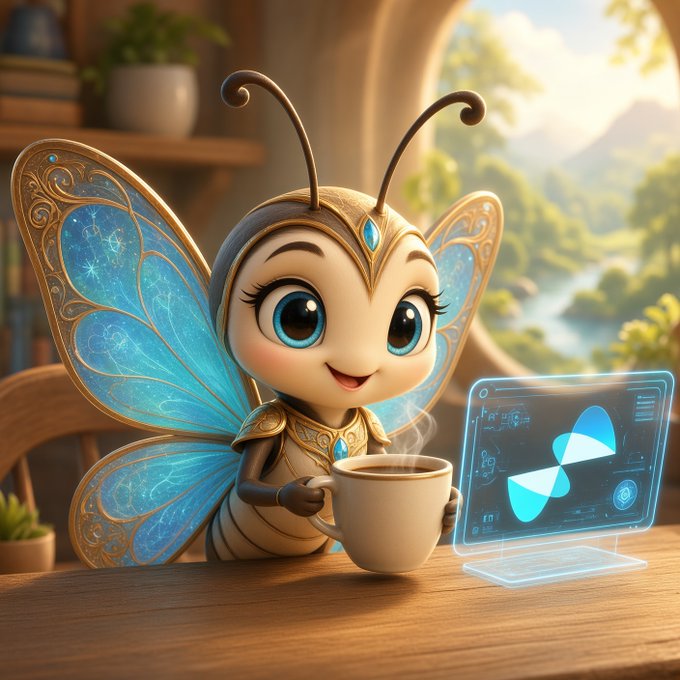 A 3D-rendered cartoon-style butterfly character with blue wings and large eyes, smiling while holding a coffee cup next to a futuristic holographic screen on a wooden table.