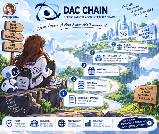 An illustrated promotional infographic for 'DAC CHAIN - Decentralized Accountability Chain' featuring an anime-style character and listing features like Verifiable Actions, Real Data, Incentives, and Better Ecosystem.