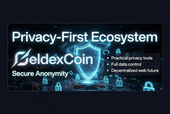 A BeldexCoin promotional banner for a 'Privacy-First Ecosystem' highlighting 'Secure Anonymity', practical privacy tools, full data control, and decentralized web future with shield and padlock imagery.