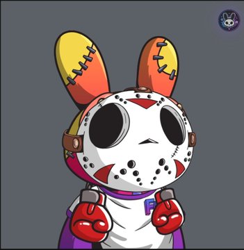 Cartoon rabbit character wearing a white hockey mask with stitched ears and red boxing gloves against a gray background.
