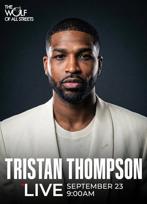 Promotional graphic featuring Tristan Thompson's headshot for "The Wolf of All Streets" live event on September 23 at 9:00 AM, with the "LIVE" branding emphasizing a streaming discussion, likely tied to the Bitcoin market analysis mentioned in the post.
