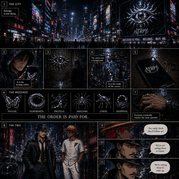 A dark, multi-panel comic or graphic novel page titled 'NTRPD' with section headers '1 THE CITY', '4 THE MESSAGE', '5 THE TWO', showing illustrated scenes and symbols including a serpent, eye, butterfly, handcuffs, and skull.