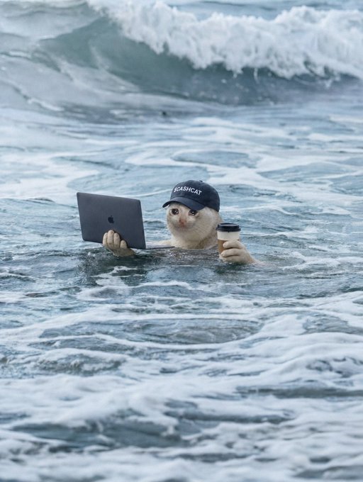 A cat wearing a "CASHCAT" cap works on a laptop while holding a coffee cup in the ocean. The image humorously illustrates the post's AI agent wallet performance—where "CASHCAT" was among the tokens caught by the AI-managed wallet.
