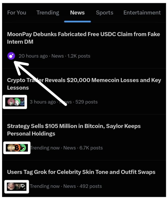 A screenshot of the X News tab shows several headlines, including "MoonPay Debunks Fabricated Free USDC Claim from Fake Intern DM," with an arrow highlighting the MoonPay account's post from 20 hours ago. The caption connects to the image by referencing this very headline, joking that the "MoonPay intern" behind the fake USDC DM is notably skilled at their pranking.
