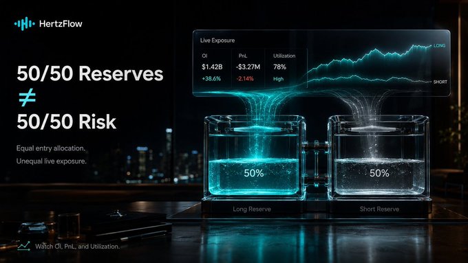A digital dashboard for 'HertzFlow' titled '50/50 Reserves ≠ 50/50 Risk' shows two beakers labeled 50% (Long and Short Reserves) alongside a live exposure chart.