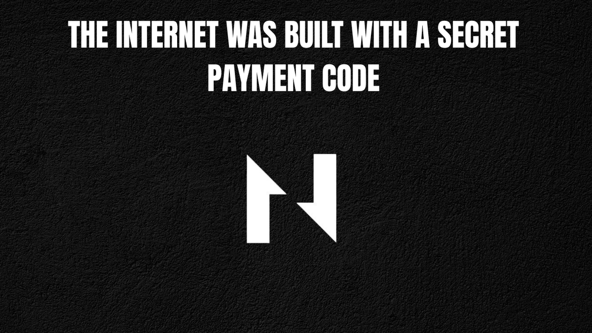 A black textured background features the bold white text "THE INTERNET WAS BUILT WITH A SECRET PAYMENT CODE" above a stylized up/down arrow logo representing $CKB (Nervos Network). The image visually reinforces the post's claim about a dormant payment feature in the internet's original architecture being leveraged by the CKB token.