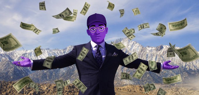 A purple-skinned figure in a suit and cap stands with arms outstretched as dollar bills rain down against a mountainous backdrop, symbolizing the ambition of growing a portfolio from 0 to 5 figures. The image visually represents the post's financial goals of building wealth, growing influence to 10k followers, securing web3 jobs, and ranking top 500 on Axis during the bull run.