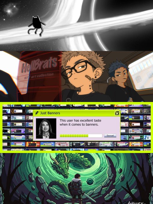 A composite image showing four panels: a cat in space, anime characters from HellBrats NFT collection, a 'Just Banners' meme pop-up, and pixel art of a dragon fight.