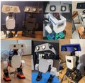A collage of photos showing various robot toys and figures displayed on shelves, including white, black, and colorful robotic characters in different poses and designs.