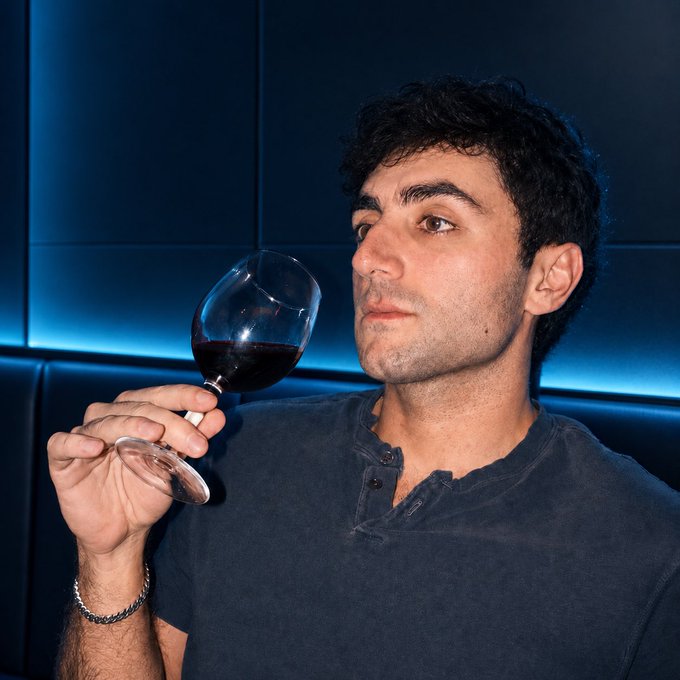 A man gazes contemplatively into a glass of red wine against a sleek blue-lit backdrop, embodying the poised confidence of someone who sees the bigger picture. The image visually echoes the post's message of quiet certainty and conviction—holding something valuable and savoring it while the world catches on to what's "it."