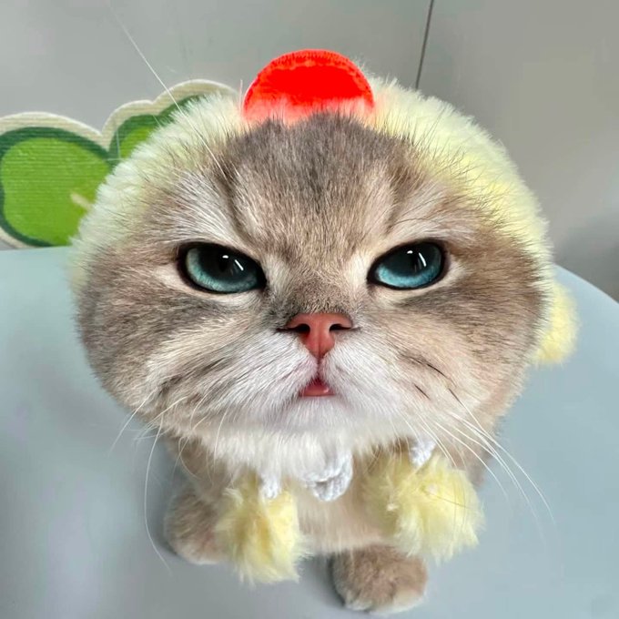 A close-up of a cat with a digitally edited large head, blue eyes, and a small orange object on top of its head.