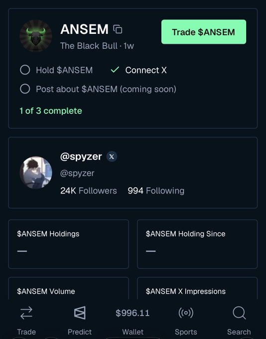 A user profile screenshot of @spyzer on BullpenFi shows tracking metrics for the $ANSEM token, with 1 of 3 tasks complete (Connect X) and 24K followers, alongside empty fields for $ANSEM holdings and a $ANSEM volume of $996.11. The image demonstrates the user's onboarding progress on the BullpenFi platform to engage with the $ANSEM community, aligning with their announcement of bullposting on the platform.