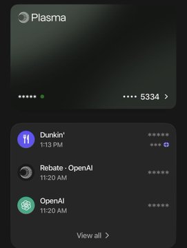 A screenshot of an iOS Lock Screen displaying credit card information for 'Plasma' (•••• •••• 5334) along with recent notifications from Dunkin', Rebate: OpenAI, and OpenAI.
