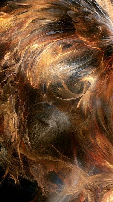 An abstract digital artwork with swirling, fiery orange, brown, and dark tones that resembles a face or a lion-like figure.