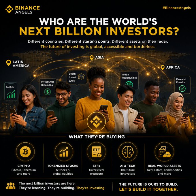 This promotional infographic from **Binance Angels** envisions a global future for investing by featuring a diverse group of six individuals engaged with smartphones on the mobile investing platform. The regions represented are **Latin America, Asia and Africa** and the call to action reads "The future of investing is ours to build" inviting collective action towards a future of global financial investment.