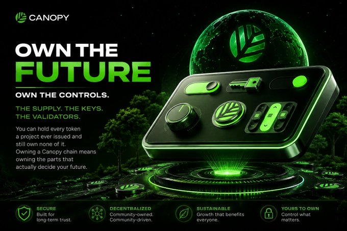 A green-themed promotional graphic for 'CANOPY' with the headline 'OWN THE FUTURE' and 'OWN THE CONTROLS. THE SUPPLY. THE KEYS. THE VALIDATORS,' featuring a futuristic control device hovering over a glowing green tree logo.