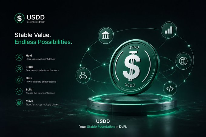 Another promotional graphic for USDD stablecoin, featuring the tagline 'Stable Value. Endless Possibilities.' with categories including Hold, Trade, DeFi, Build, and Move, showcasing a USDD coin on a glowing platform.