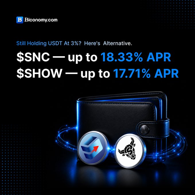 The image features a wallet with a black cover, which has two coins inside (a blue coin labeled "Dodger" and a white one labeled "Bulls") along with the text "Finding 15%+ yields isn' t easy in today's market that's why $SNC and $SHOW are back in the spotlight: Still holding USDT at 3%? Here's alternative." The coins appear to represent Bitcoins, but their exact value cannot be determined from the image.