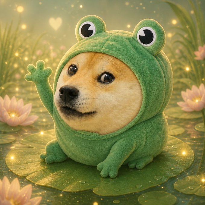 An AI-generated image of a Shiba Inu dog wearing a cute green frog costume, sitting on a lily pad with sparkles and lotus flowers around.