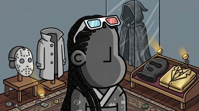A cartoon character wearing 3D glasses stands in a room displaying items including a hockey mask, trench coats, and folded garments on display tables. The image illustrates the post's message about certain collectibles being valuable ("alpha") assets worth acquiring rather than purchasing.