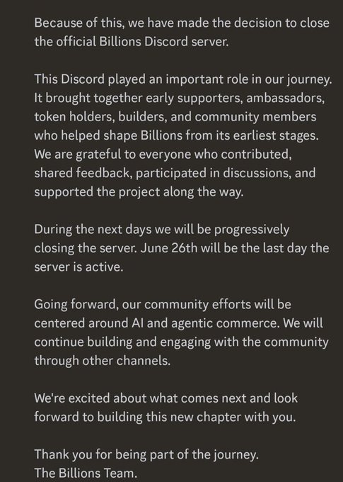 The image shows a text message or email that reads, "We're excited about what comes next and look forward to building this new chapter with you." The message seems to be from Billions Team, which is a Discord server for gamers. They are discussing the progress of their project and expressing excitement about moving forward together as a community.