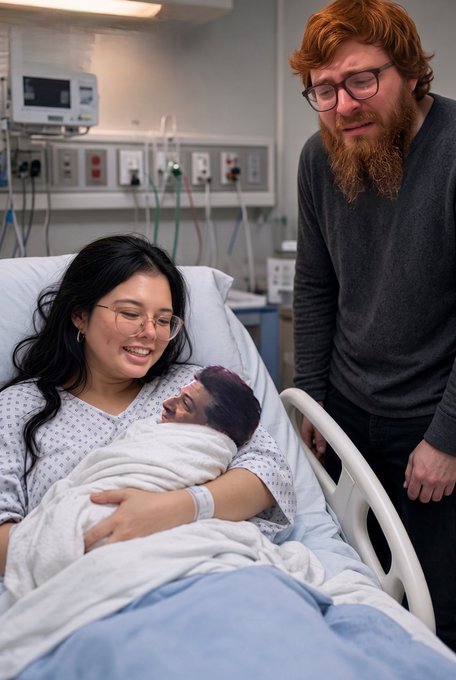 A young woman with glasses lies in a hospital bed, smiling down at a swaddled newborn baby in her arms, while a red-haired bearded man with glasses stands beside her looking at the child.