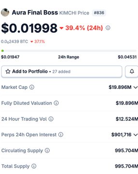 A cryptocurrency market screenshot displays “Aura Final Boss” (KIMCHI Price #836) at “$0.01998,” down “39.4% (24h),” with market cap and other trading statistics listed.