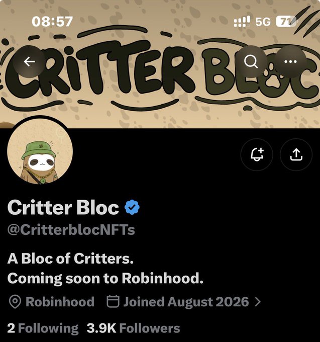 A Twitter/X profile for 'Critter Bloc' (@CritterblocNFTs) with a panda mascot wearing a green hat, described as 'A Bloc of Critters. Coming soon to Robinhood' with 3.9K followers.