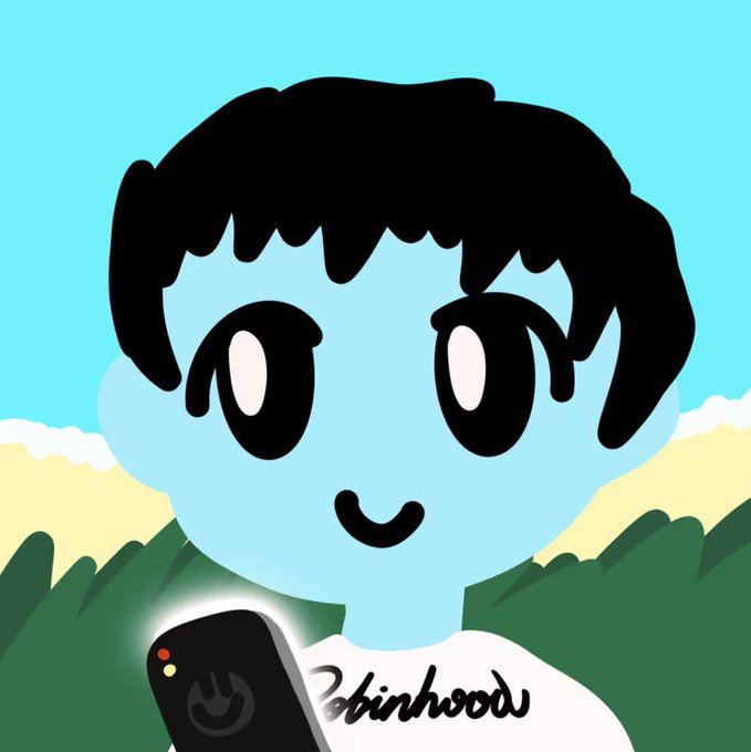 A cartoon illustration of a light blue-skinned character with black hair smiling while holding a phone, with "Shinhood" written across their white shirt.