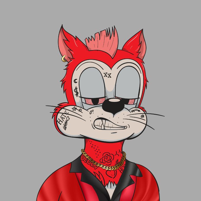 A red cartoon fox character with various face and neck tattoos (including "$", "XX", "HATE", and a rose) wears a gold chain and earring, with a wide grin showing teeth. The image appears to be NFT artwork from the DegenToonz collection, specifically Toon #3780, which was sold on OpenSea for 0.0178 ETH.