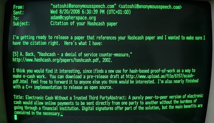 A vintage computer screen displaying a 2008 email from satoshi@anonymousspeech.com to adam@cypherspace.org regarding a citation for the Hashcash paper and announcing the Bitcoin whitepaper draft.
