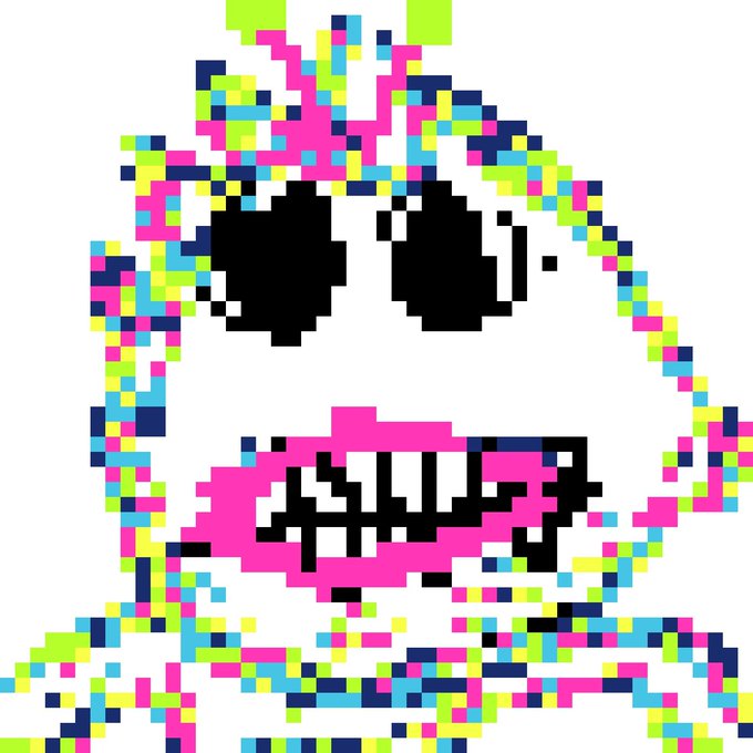 A pixelated glitch-style emoji face with black sunglasses, a wide toothy grin, and a colorful cyan, magenta, and yellow halftone distortion effect on a white background.