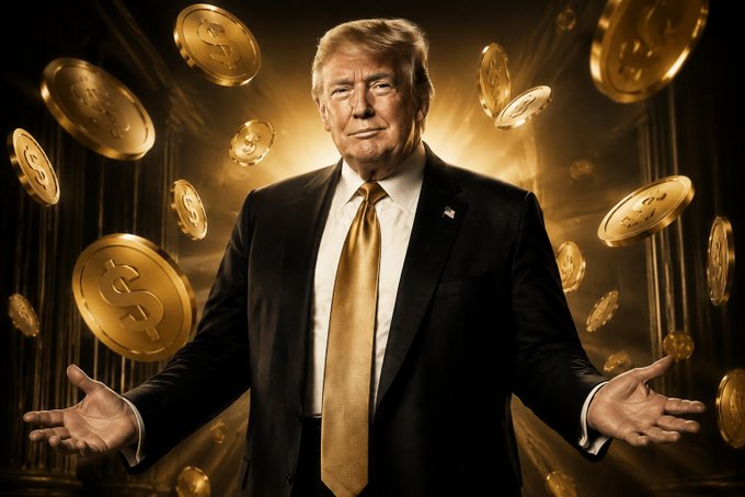 <start of description>
The image displays a digitally altered photograph of a man dressed in a formal black suit with a golden tie, standing with his arms spread wide. Around him, numerous gold-colored tokens or coins with dollar signs float in the air, emphasizing a theme of wealth or financial fantasy. The background is an abstract blend of warm colors,