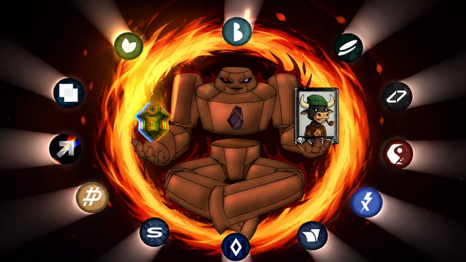 Fantasy illustration featuring a brown armored golem in a meditation pose surrounded by a fiery portal ring and various cryptocurrency logos including Bitcoin, Ethereum, XRP, and Cardano.