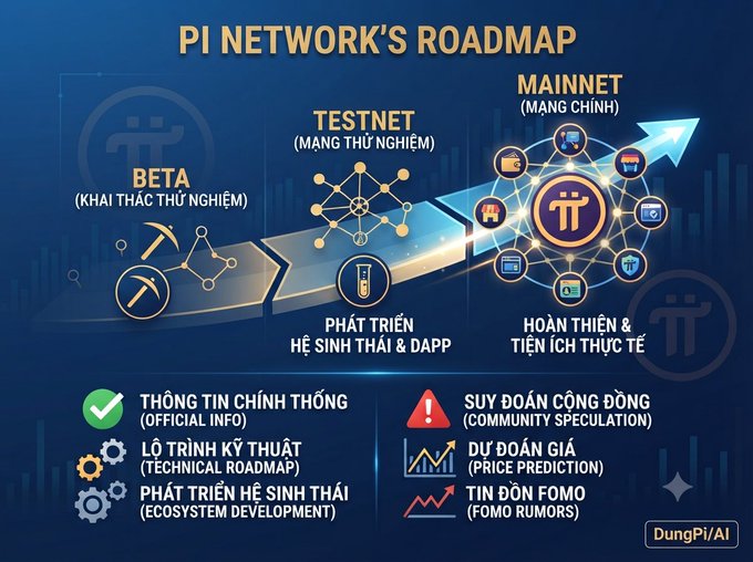 The image displays "PI NETWORK'S ROADMAP" illustrating the project's progression through three stages: BETA (Khai thác thử nghiệm), TESTNET (Mạng thử nghiệm), and MAINNET (Mạng chính), with icons representing ecosystem development and real-world utilities. A legend below distinguishes official information (technical roadmap, ecosystem development) from community speculation (price predictions, FOMO rumors), reinforcing the post's message that Pi Network's true value lies in its technical progression and ecosystem rather than speculative price expectations.