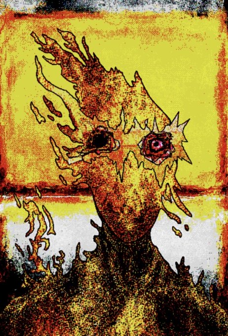 A disturbing, textured artwork depicting a humanoid figure with hollow, dark eye sockets against a vibrant yellow and red background, with a fragmented, decayed aesthetic.