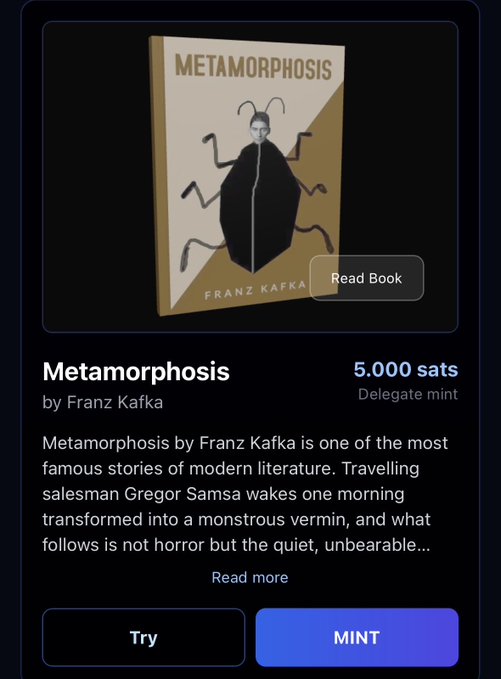A promotional card for "Metamorphosis" by Franz Kafka, priced at 5.000 sats, displayed with the iconic cover art featuring a beetle-like figure and offering a "Read Book" option alongside "Try" and "MINT" buttons. The card aligns with the post's announcement of the classic novella being available as an on-chain book, emphasizing its theme of quiet, unbearable transformation through the description of Gregor Samsa waking as a monstrous vermin.