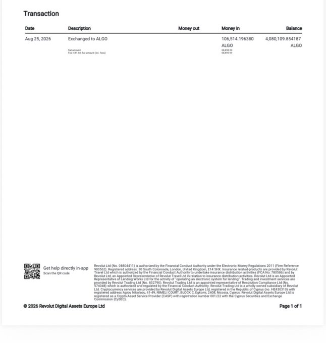 A Revolut transaction receipt dated Aug 25, 2026, showing an exchange into 106,514.196380 ALGO, bringing the total balance to 4,080,109.854187 ALGO. This supports the post's claim of surpassing the 4 million ALGO mark through dollar-cost averaging into the Algorand token.