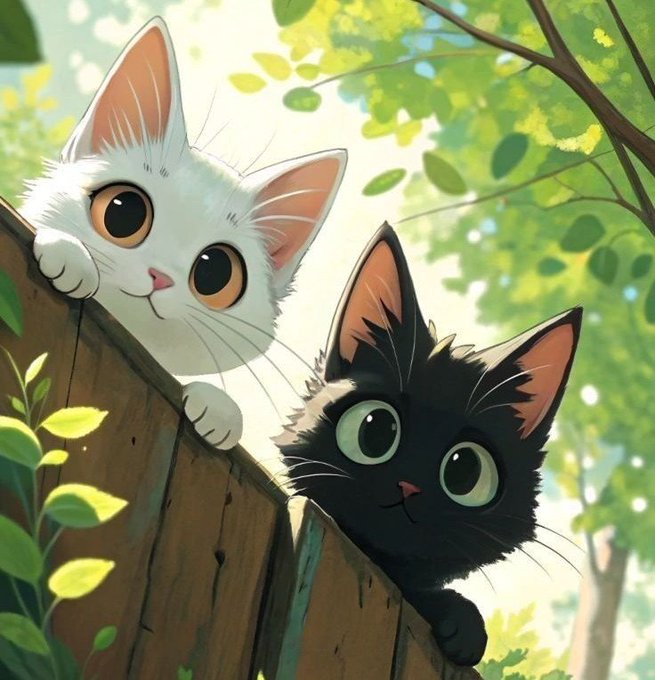 An illustrated artwork of two cute cartoon kittens—one white and one black—peering over a wooden fence with green foliage in the background.
